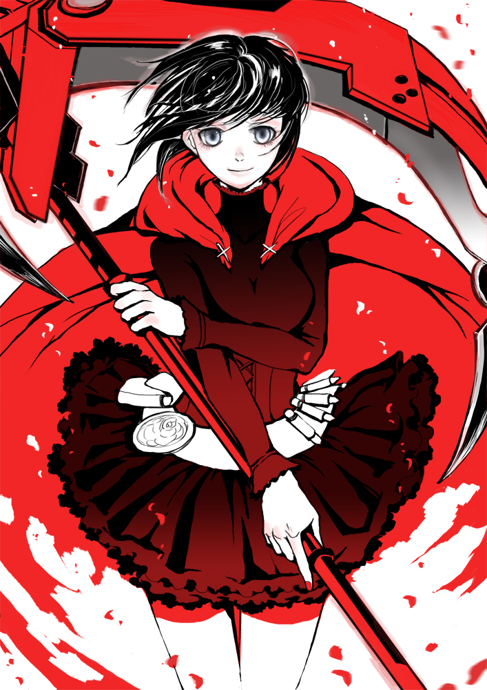 black_hair bullet cape cross dress grey_eyes ruby_rose rueflora rwby scythe short_hair weapon