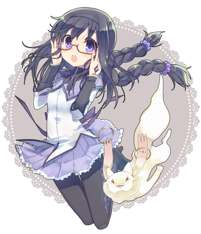 1girl akemi_homura black_hair gem glasses hair_ornament hairband kyubey long_hair magical_girl mahou_shoujo_madoka_magica open_mouth pantyhose ribbon sweatdrop tahya twintails violet_eyes