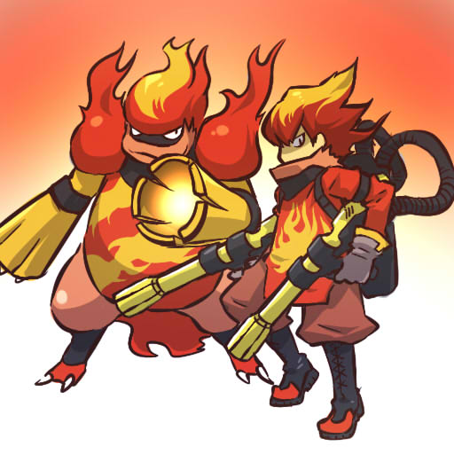 1boy costume flamethrower hitec magmortar moemon personification pokemon pokemon_(creature) pokemon_(game) pokemon_dppt red_hair redhead shirt weapon