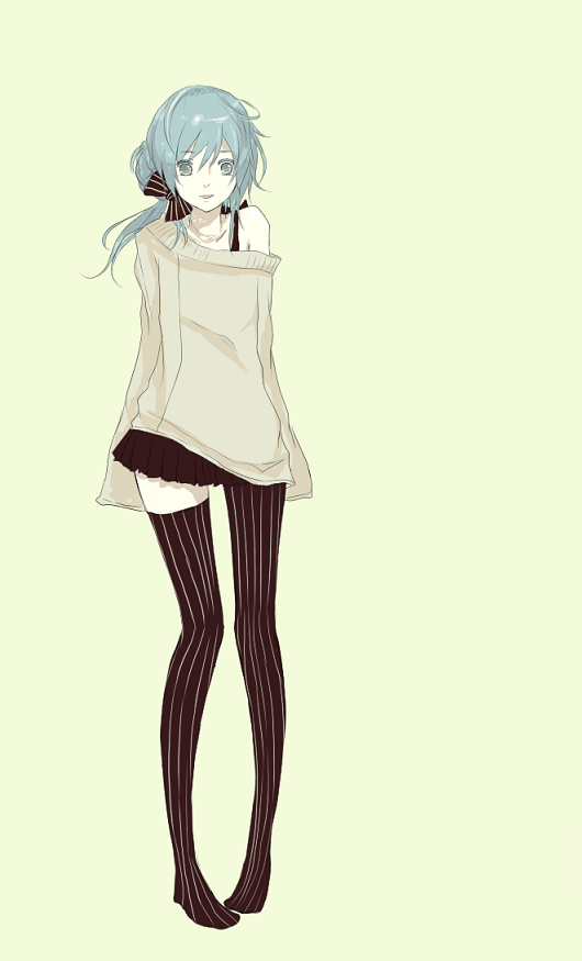 bad_id bow hair_bow hair_ribbon legs long_hair ponytail pug_(pixiv) ribbon short_hair simple_background skirt smile solo striped striped_legwear striped_thighhighs thigh-highs thighhighs utau vertical-striped_legwear vertical_stripes yurika_sayu