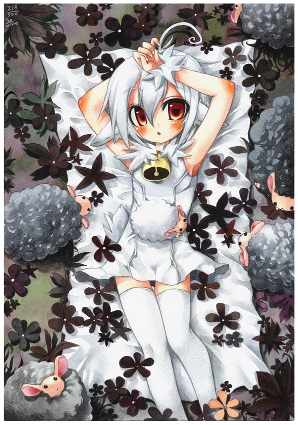 animal_ears armpits bell blush brown_eyes emperpep flower sheep sheep_ears sheep_girl silver_hair solo tail thigh-highs thighhighs traditional_media watercolor_(medium)