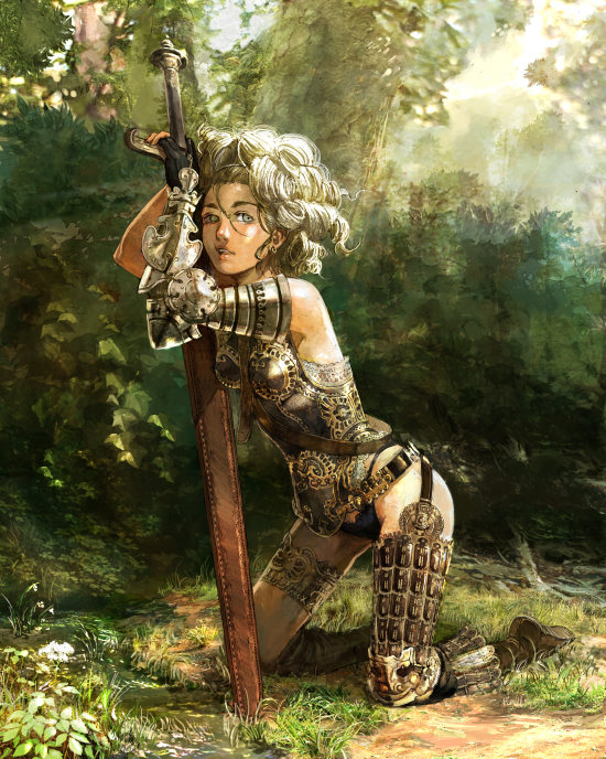 armor forest grey_eyes kneeling leaning_forward nature original realistic short_hair solo sword tan weapon