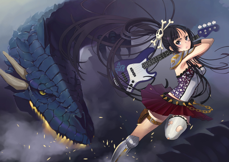 armor bass_guitar belt black_eyes black_hair bustier chain chains dragon greaves hair_up instrument k-on! lingerie long_hair panties pantyshot single_thighhigh skirt skull_and_crossbones spikes thigh-highs thigh_strap thighhighs torn_clothes underwear yang_niangniang