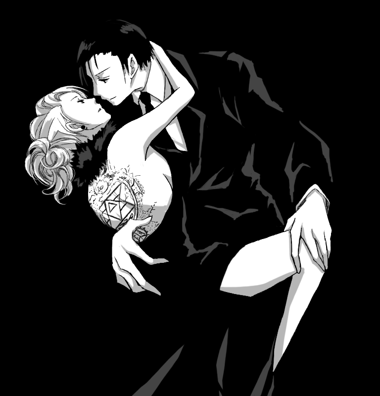 1boy 1girl back_tattoo bare_back bare_shoulders black_background dancing dress feather_boa fullmetal_alchemist holding hug incipient_kiss monochrome open-back_dress open_back riza_hawkeye roy_mustang suit tattoo