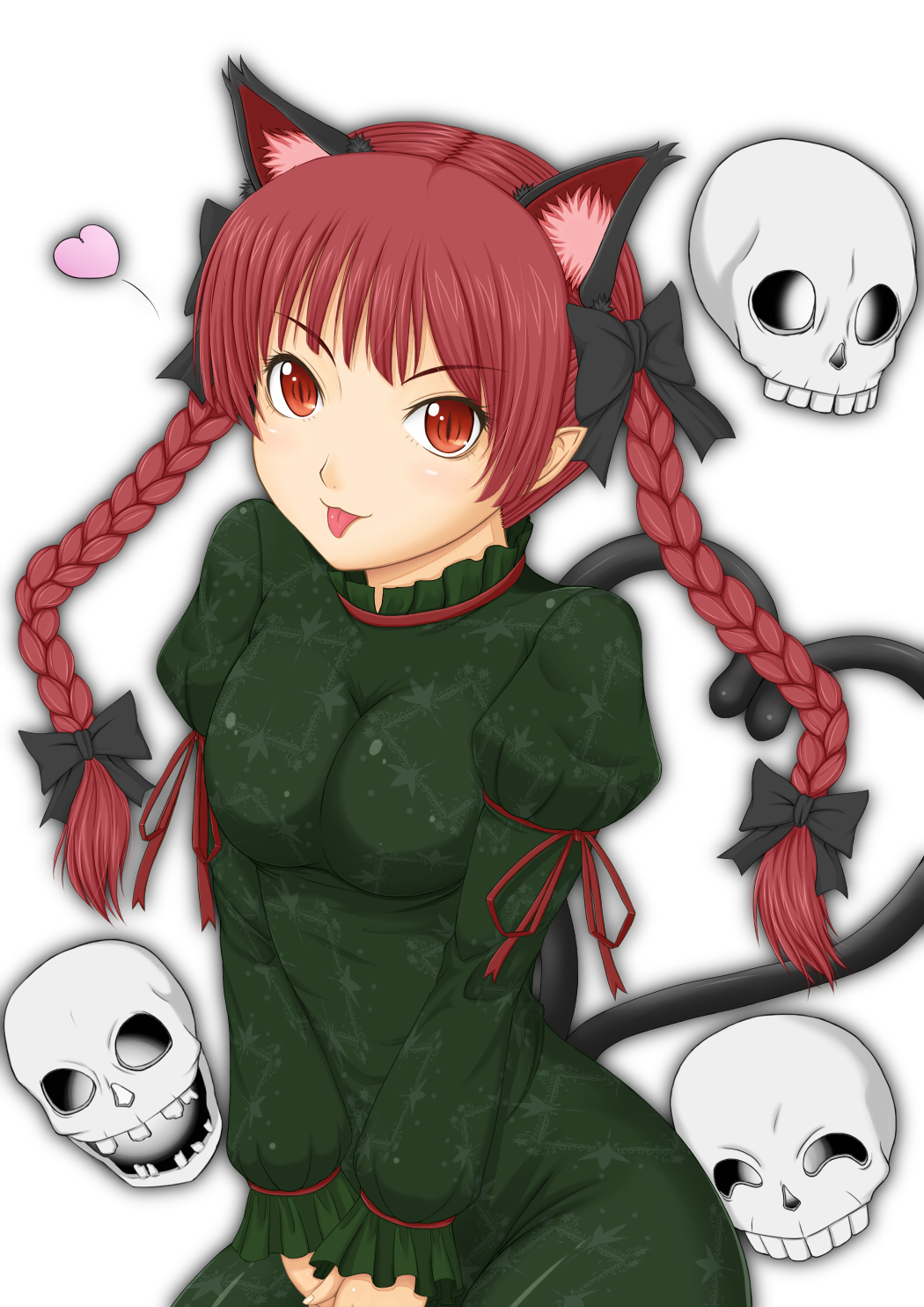 bow braid cat_ears cat_tail hair_bow heart heart_tail hero_rice highres kaenbyou_rin long_hair multiple_tails pointy_ears red_eyes red_hair redhead skill skull solo tail tongue touhou twin_braids