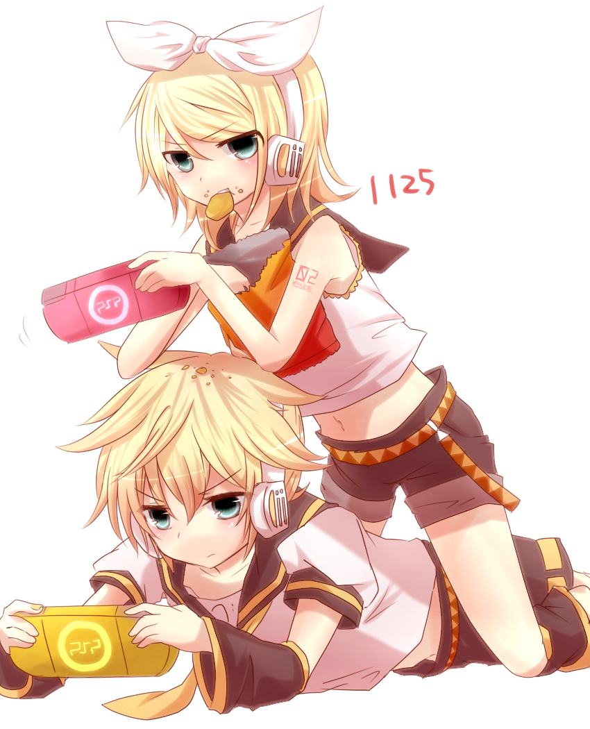 bad_id blonde_hair chips crumbs hair_ornament hair_ribbon hairclip headphones kagamine_len kagamine_rin lying monako on_stomach playing_games playstation_portable psp ribbon short_hair shorts siblings simple_background twins vocaloid