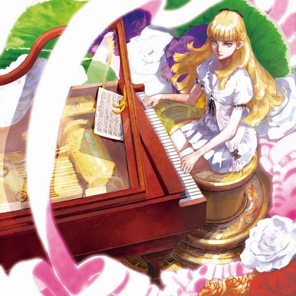 dress flower from_above glass grand_piano green_eyes instrument long_hair looking_up music_box piano see-through sheet_music sitting tohru_k