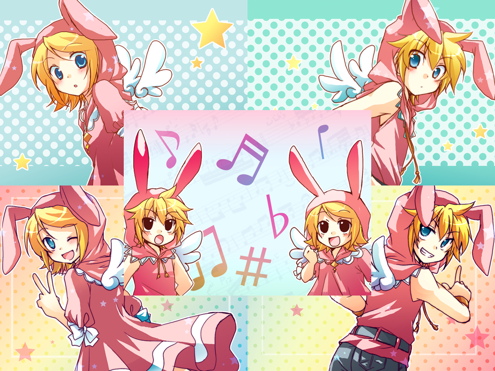 animal_ears bad_id blonde_hair blue_eyes blush brother_and_sister bunny_ears dress happy hood kagamine_len kagamine_rin kousetsu music open_mouth rabbit_ears siblings smile star twins vocaloid wings wink