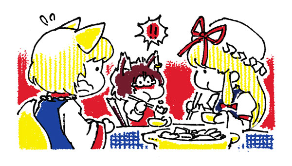 animal_ears bad_id cat_ears chen chibi eating food fox_ears inu_no_efude touhou yakumo_ran yakumo_yukari