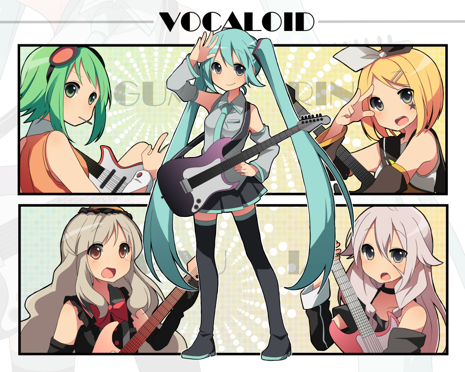 5girls aqua_hair aren_(fubuki-46) blonde_hair boots character_name choker copyright_name detached_sleeves electric_guitar goggles goggles_on_head green_eyes green_hair guitar gumi hair_ornament hairclip hand_on_hip hatsune_miku ia_(vocaloid) instrument kagamine_rin long_hair mayu_(vocaloid) multiple_girls necktie open_mouth pink_hair skirt smile thigh-highs thigh_boots twintails very_long_hair vocaloid