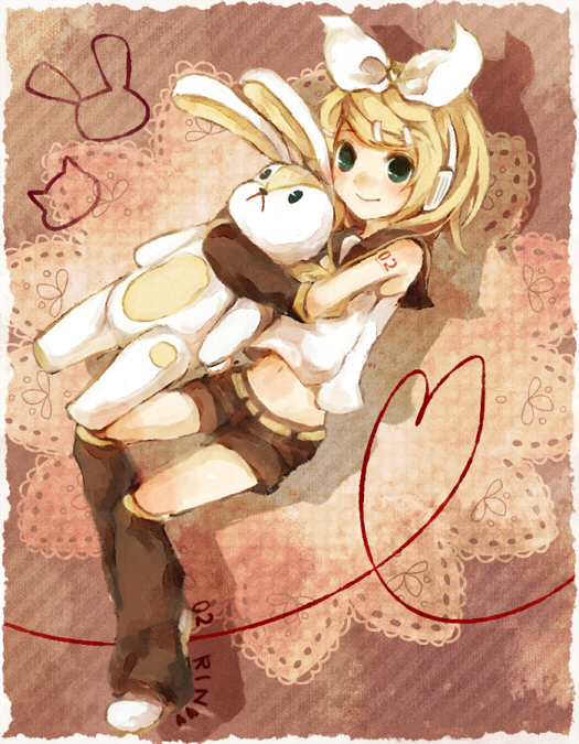 bunny green_eyes hair_ribbon headphones kagamine_rin midriff mikanniro rabbit ribbon short_hair shorts solo stuffed_animal stuffed_toy vocaloid