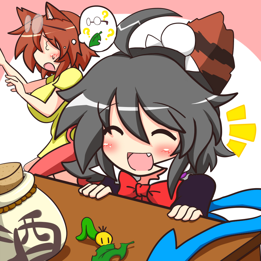 2girls 3_3 ? ^_^ ahoge animal_ears black_hair bow breasts brown_hair caterpillar closed_eyes fang futatsuiwa_mamizou glasses_on_head gourd houjuu_nue large_breasts leaf multiple_girls open_mouth raccoon_ears raccoon_tail rindou_(p41neko) smile sweat table tail thought_bubble touhou