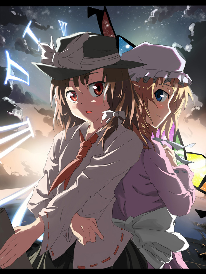 bad_id blonde_hair blue_eyes brown_eyes brown_hair cloud clouds hat maribel_han maribel_hearn multiple_girls ratsuparu sunset touhou usami_renko