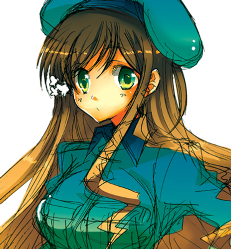 bad_id beret brown_hair green_eyes hat hungary_(hetalia) long_hair lowres tachibanaei uniform