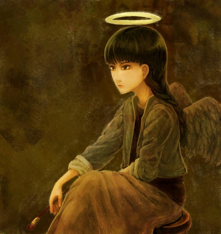 black_hair braid haibane_renmei halo kuro_ari_(pixiv) long_hair paintbrush reki sitting sleeves_rolled_up wings