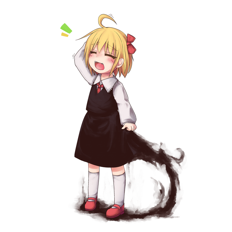 ahoge bad_id blonde_hair blush bow closed_eyes darkness fang hair_bow open_mouth rumia rune_(solitonbeam) smile socks solo touhou