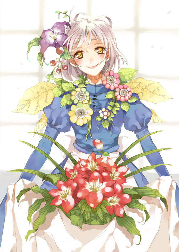 apron dress earrings flower ghibli howl_no_ugoku_shiro jewelry sarachi_yomi short_hair silver_hair smile solo sophie studio_ghibli white_hair window yellow_eyes