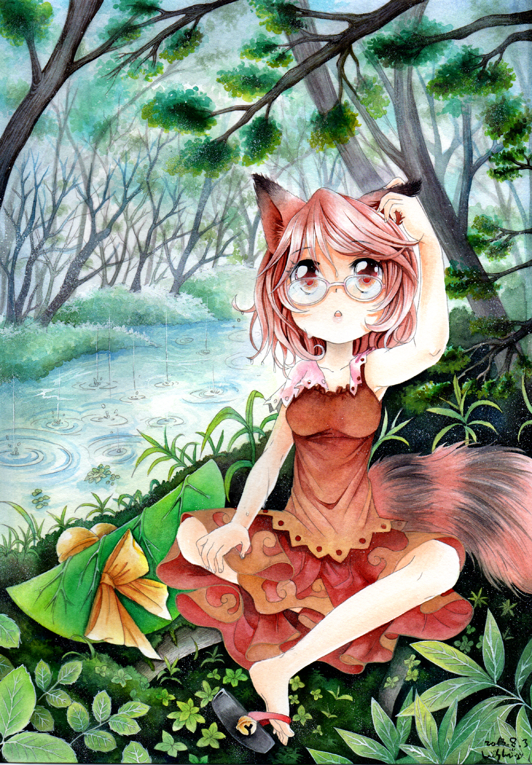 1girl animal_ears brown_eyes brown_hair futatsuiwa_mamizou glasses hat hat_removed headwear_removed highres leaf mosho nature raccoon_ears raccoon_tail rain river sandals short_hair sitting skirt solo tail touhou traditional_media tree water wet young