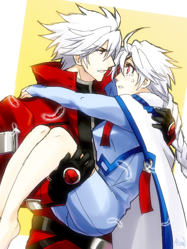 1boy 1girl ahoge blazblue bodysuit braid bridal_gauntlets cape carrying eyepatch feathers gloves long_hair muraosa_(conjecture) nu-13 ofuda princess_carry ragna_the_bloodedge red_eyes silver_hair single_braid tears