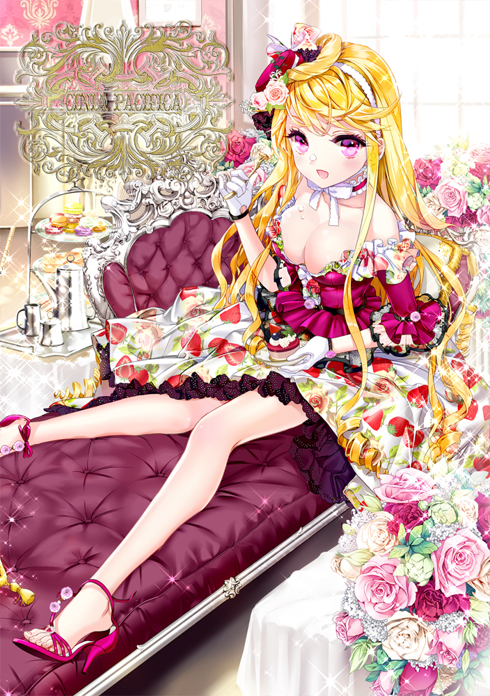 1girl :d bare_shoulders blonde_hair bow breasts cake choker cinia_pacifica cleavage cocoon_(loveririn) couch dress drill_hair eating flower food fork frills gloves hair_flower hair_ornament hairband hat high_heels long_hair open_mouth rose smile sparkle strawberry_print sword_girls violet_eyes white_gloves