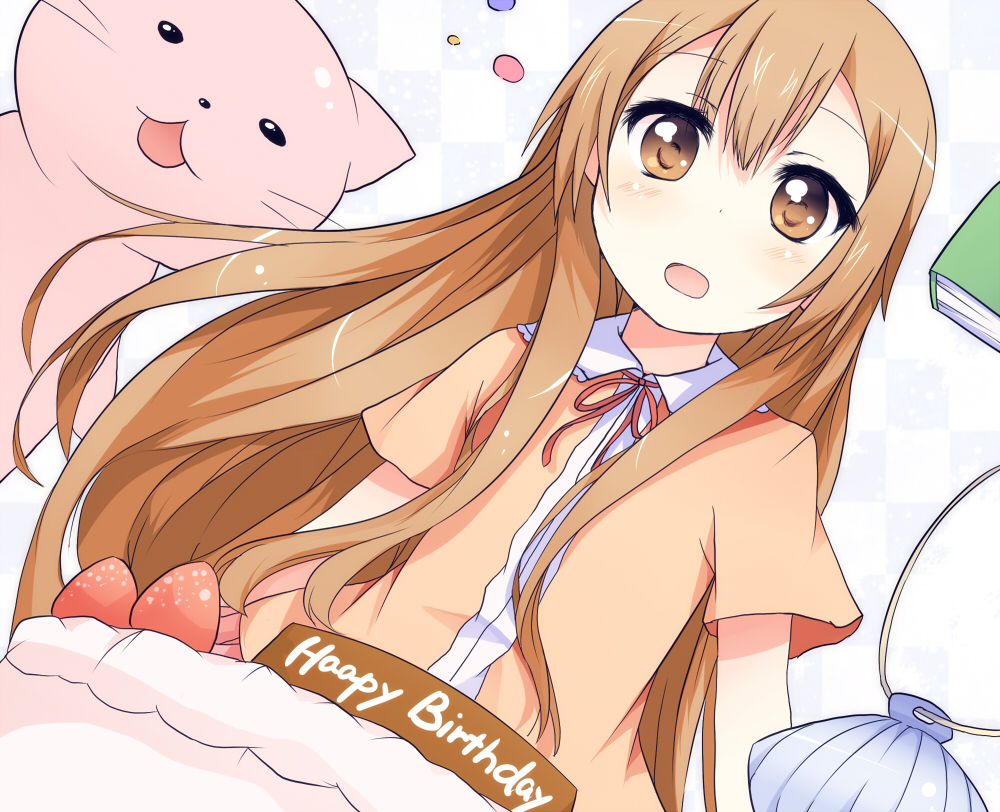 1girl birthday birthday_cake book brown_eyes brown_hair cake food fruit kotaka long_hair oomuro_hanako open_mouth solo strawberry stuffed_animal stuffed_cat stuffed_toy yuru_yuri