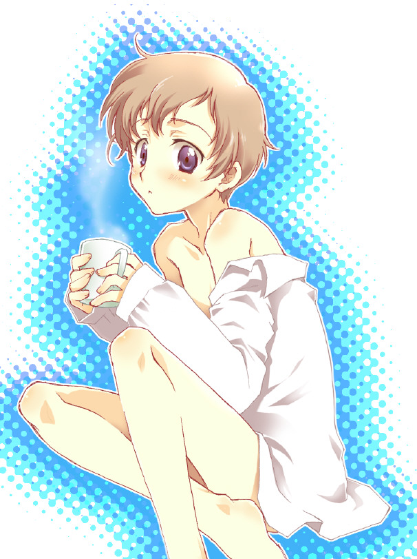 1boy :&lt; blush brown_hair code_geass cup mug naked_shirt nerune rolo_lamperouge short_hair solo violet_eyes