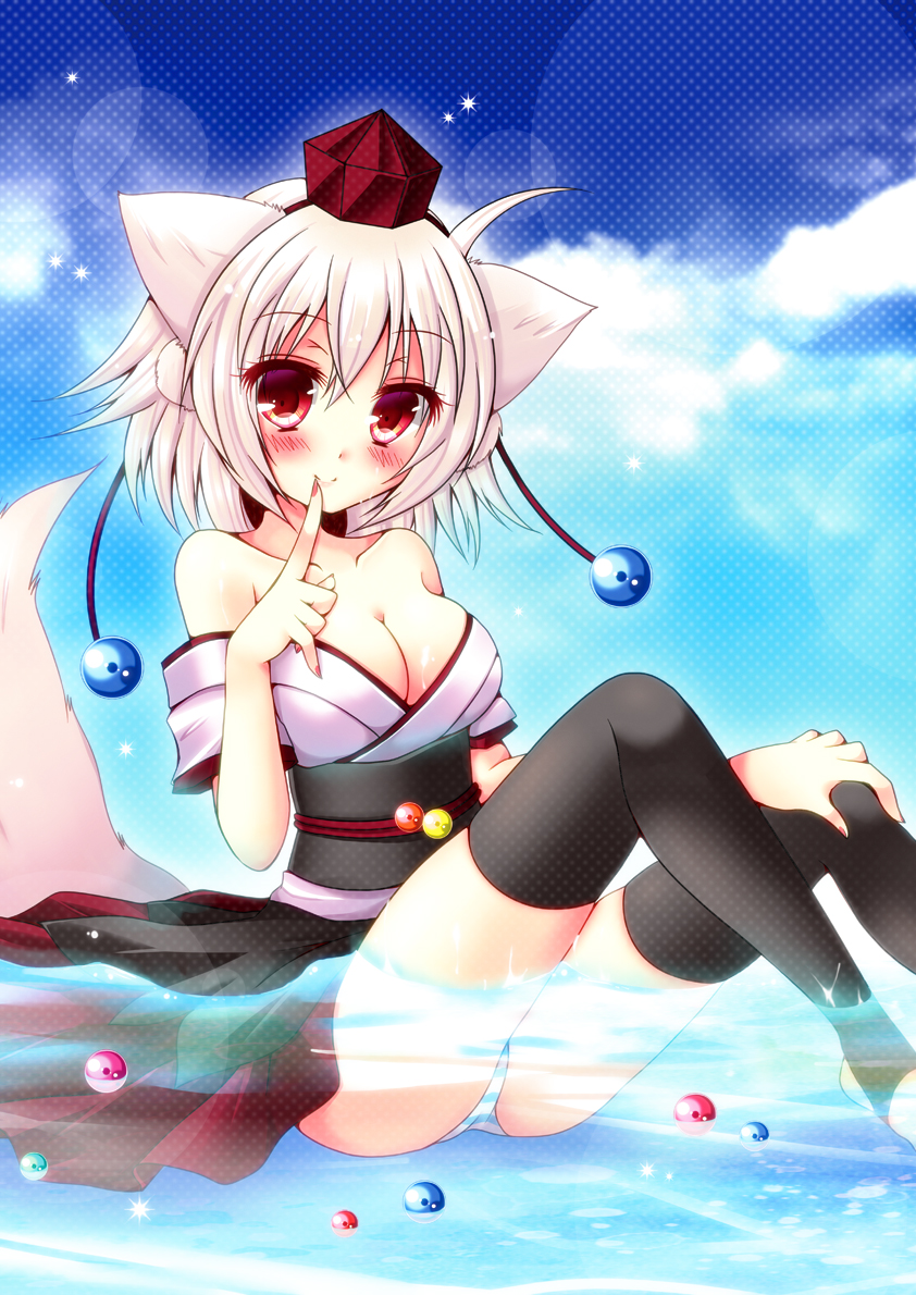 1girl animal_ears bare_shoulders black_legwear blush breasts cleavage finger_to_mouth hat inubashiri_momiji meiya_neon off_shoulder panties partially_submerged red_eyes short_hair solo stirrup_thighhighs striped striped_panties tail thighhighs tokin_hat touhou underwear white_hair wolf_ears wolf_tail