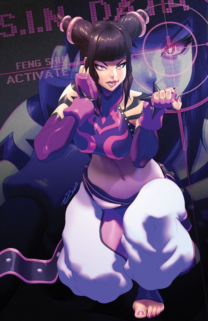 1girl baggy_pants bare_shoulders beckoning black_hair breasts fingerless_gloves gloves han_juri lips lipstick makeup midriff nail_polish navel pointy_hair purple_lipstick robaato sash short_twintails solo street_fighter street_fighter_iv super_street_fighter_iv toeless_socks toenail_polish twintails violet_eyes zoom_layer