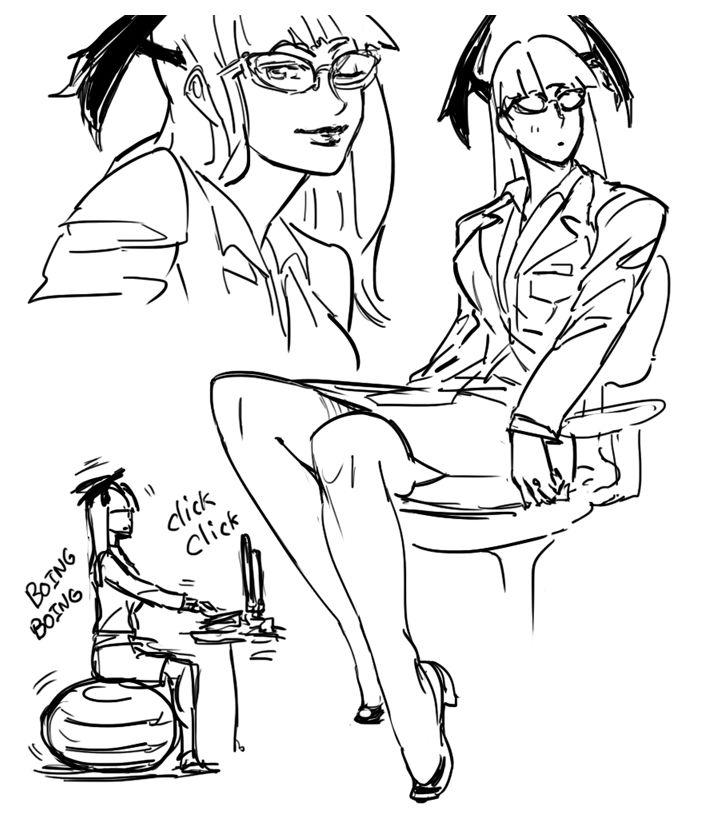 1girl ball bb_(baalbuddy) bespectacled bouncing chair computer_keyboard exercise_ball formal glasses head_wings high_heels monitor monochrome morrigan_aensland office_chair office_lady sitting sketch skirt_suit solo suit vampire_(game) wink