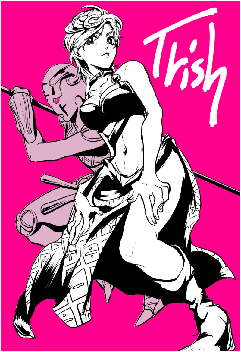 2girls jojo_no_kimyou_na_bouken midriff monochrome multiple_girls nanashi_no_glasses pink_eyes short_hair side_slit spice_girl_(stand) stand_(jojo) trish_una