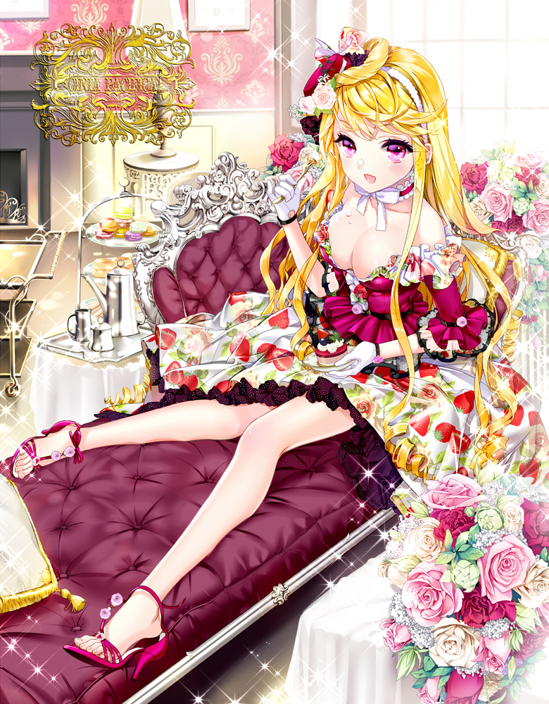 1girl :d bare_shoulders blonde_hair bow breasts cake cart choker cinia_pacifica cleavage cocoon_(loveririn) couch dress drill_hair eating flower food food_on_face food_themed_clothes fork frills gloves hair_flower hair_ornament hairband hat high_heels lamp long_hair open_mouth rose sitting smile sparkle strawberry_print sword_girls table violet_eyes white_gloves