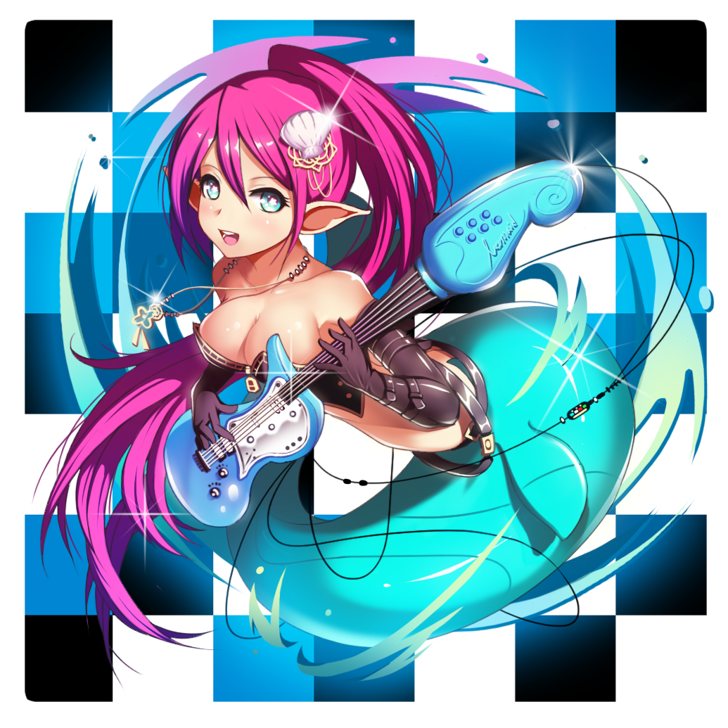 1girl blue_eyes breasts cleavage elbow_gloves gloves guitar instrument jewelry mermaid monster_girl necklace pointy_ears ponytail purple_hair puzzle_&amp;_dragons ratio_(ratio-d) seashell shell siren_(p&amp;d) solo star star-shaped_pupils symbol-shaped_pupils