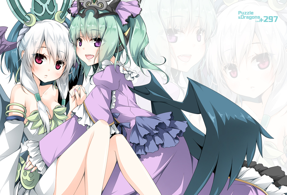 2girls aqua_hair astaroth_(p&amp;d) bare_shoulders character_request crescent detached_sleeves dress interlocked_fingers long_hair multiple_girls open_mouth pink_eyes ponytail purple_dress puzzle_&amp;_dragons reina_(black_spider) silver_hair smile violet_eyes wings zoom_layer