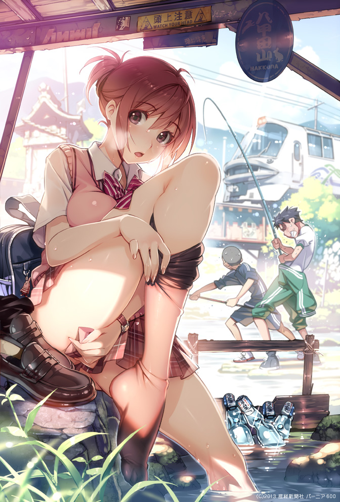 1girl 2boys absurdres bag black_hair black_legwear bottle bow bowtie breast_press breasts brown_eyes brown_hair cardigan covering covering_crotch dated feet_in_water fingernails fishing fishing_rod highres kneehighs large_breasts leg_up legs loafers long_fingernails looking_at_viewer multiple_boys open_mouth original plaid plaid_skirt pleated_skirt ponytail rabbit ramune scan school_bag school_uniform shoes shoes_removed short_hair shoulder_bag single_thighhigh sitting skirt soaking_feet solo_focus sweat sweater_vest thigh-highs thighs train undressing vania600 wading watch watch water wet