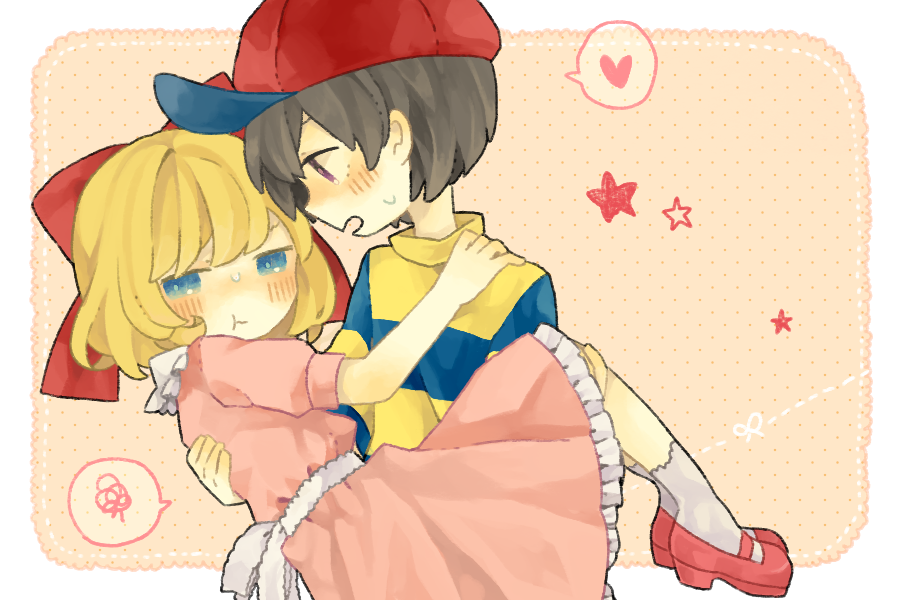 :t black_hair blonde_hair blue_eyes blush carrying hat heart looking_at_another mother_(game) mother_2 ness nintendo paula_polestar princess_carry ribbon