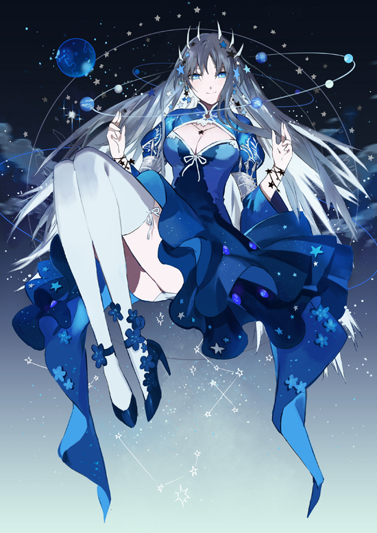 1girl blue_dress blue_eyes bracelet cleavage_cutout clouds constellation dress earrings flower hair_ornament jewelry knees_together_feet_together knees_touching long_sleeves looking_at_viewer necklace original panties pantyshot pantyshot_(sitting) planet puffy_long_sleeves puffy_sleeves ribbon silver_hair sitting sky smile solar_system solo space star star_(sky) star_hair_ornament starry_sky starshadowmagician thigh-highs underwear white_legwear white_panties
