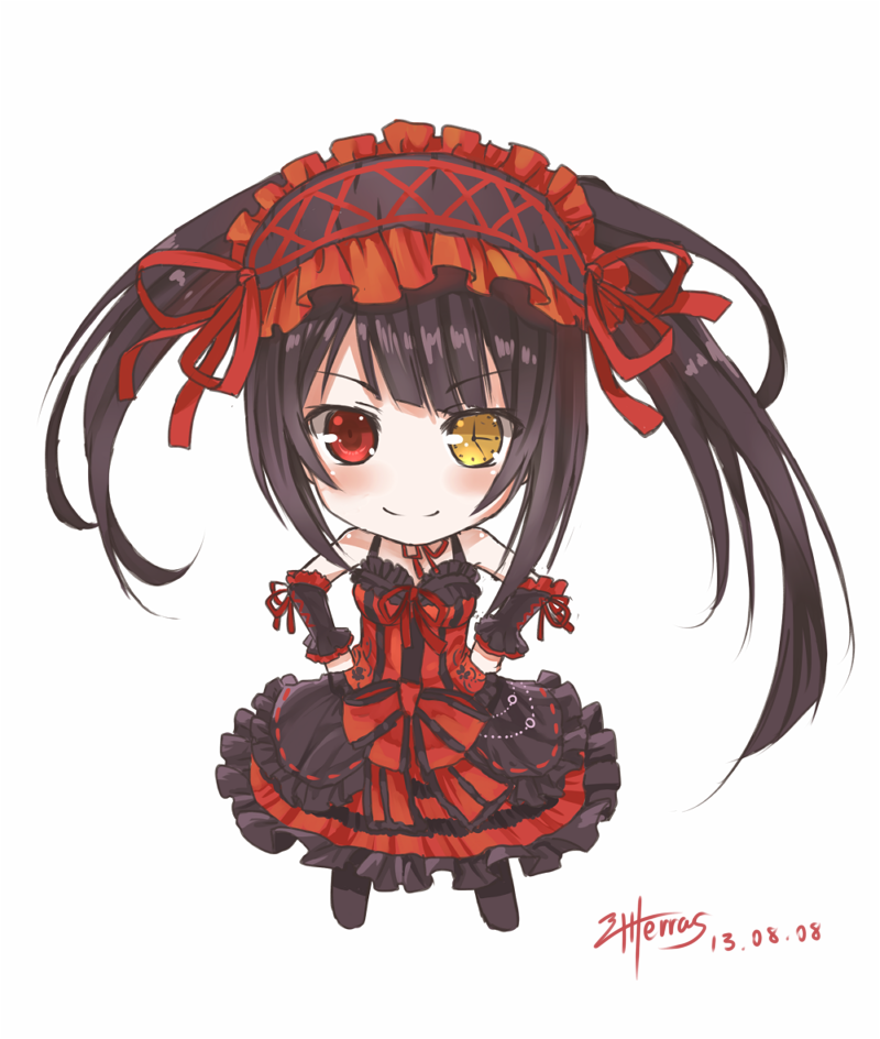 1girl bare_shoulders black_hair chibi clock_eyed date_a_live dated dress hairband heterochromia lolita_fashion lolita_hairband long_hair looking_at_viewer red_eyes signature simple_background smile solo terras tokisaki_kurumi twintails yellow_eyes