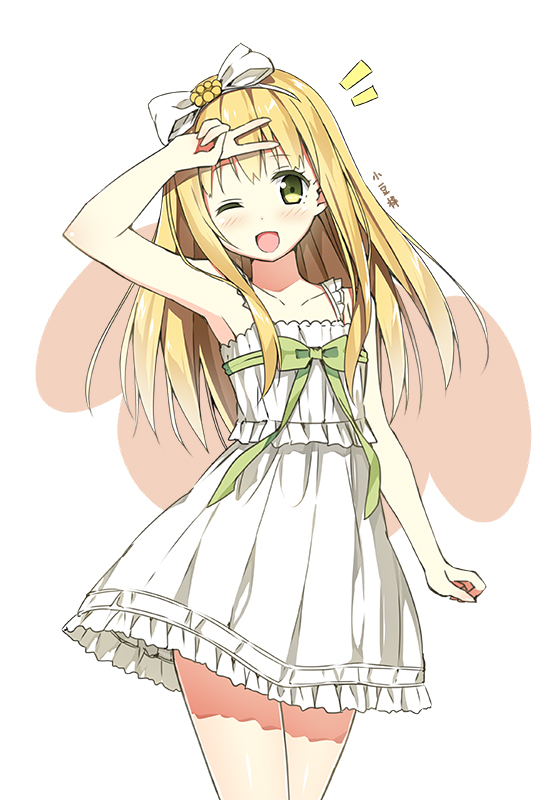 1girl :d arm_up azuki_azusa bare_shoulders blonde_hair blush bow dress green_eyes hair_bow hentai_ouji_to_warawanai_neko long_hair looking_at_viewer open_mouth simple_background sky_(freedom) smile solo sundress v wink