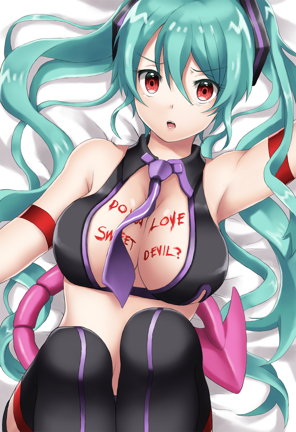 1girl alternate_costume aqua_hair between_breasts black_legwear breasts cleavage demon_tail english halter_top halterneck hatsune_miku highres kim_bae-eo necktie red_eyes sweet_devil_(vocaloid) tail thighhighs vocaloid writing