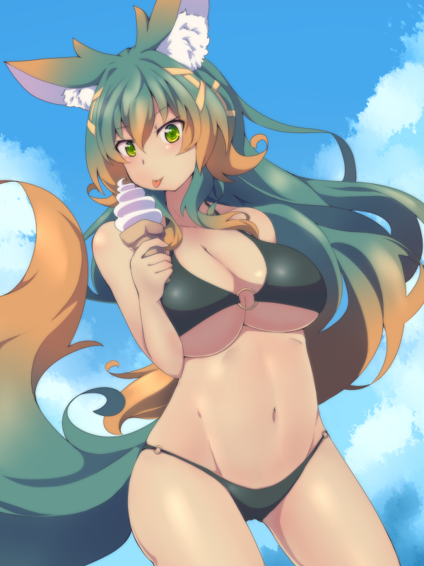 1girl :p animal_ears bikini breasts brown_hair cloudy_sky food green_eyes green_hair ice_cream kuromiya kuromiya_raika large_breasts long_hair looking_at_viewer multicolored_hair o-ring_bikini original solo swimsuit tail tongue