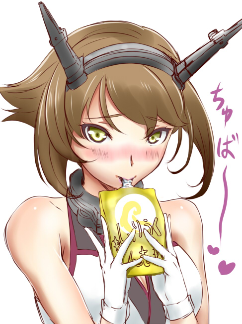 blush brown_hair eating food hairband headgear hisatyu ice_cream kantai_collection looking_at_viewer mutsu_(kantai_collection) short_hair sleeveless sleeveless_shirt yellow_eyes