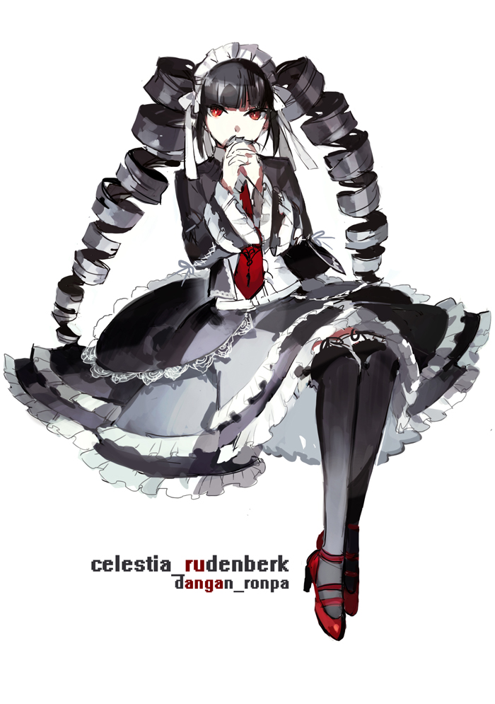 1girl black_hair black_legwear celestia_rudenberk character_name copyright_name covering_mouth dangan_ronpa dress_shirt drill_hair gothic_lolita hands_clasped headdress high_heels jacket lolita_fashion long_hair looking_at_viewer necktie red_eyes red_shoes shirt shoes simple_background sitting skirt solo starshadowmagician thigh-highs twin_drills twintails white_background