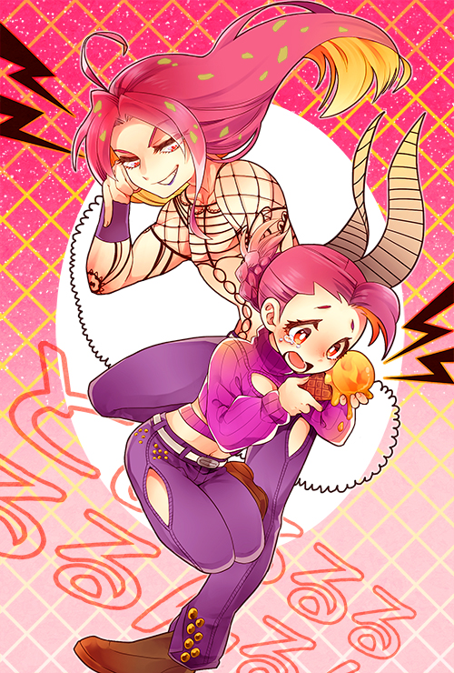 2boys diavolo food ice_cream jojo_no_kimyou_na_bouken lipstick long_hair makeup midriff multiple_boys phone pink_hair red_eyes vinegar_doppio yacchimonee