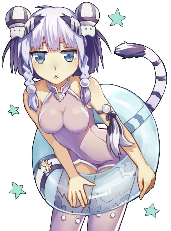 1girl bare_shoulders blue_eyes braid byakko_(p&amp;d) chinese_clothes double_bun innertube kibamigohann puzzle_&amp;_dragons silver_hair solo star tail thighhighs tiger_stripes tiger_tail