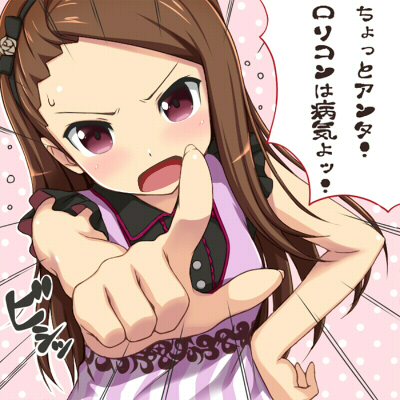 1girl blush brown_hair foreshortening hairband hand_on_hip idolmaster looking_at_viewer lowres minase_iori nomura_teruya pointing red_eyes ribbon solo sweatdrop