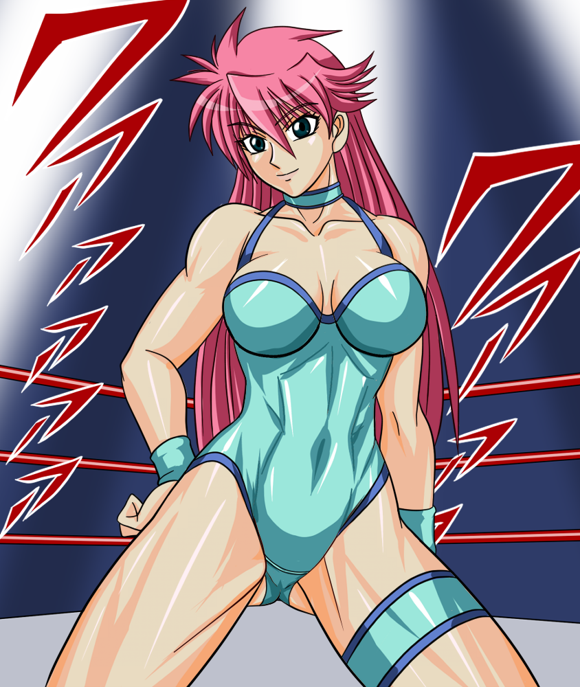1girl breasts cleavage leotard long_hair mighty_yukiko pink_hair smile solo taroimo_(00120014) violet_eyes wrestle_angels wrestle_angels_survivor wrestling_outfit wrestling_ring wristband