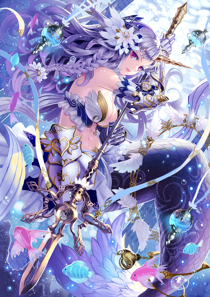 1girl armor bare_shoulders braid breasts cleavage fish flower gauntlets hair_flower hair_ornament horn k+ long_hair looking_at_viewer mermaid midriff monster_girl navel original parted_lips pink_eyes polearm purple_hair solo spear underwater weapon