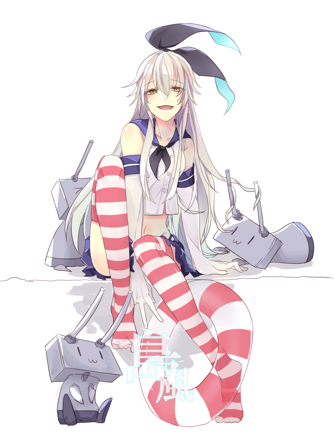 1girl elbow_gloves gloves hairband kantai_collection long_hair looking_at_viewer makino_bunny midriff navel open_mouth personification rensouhou-chan shimakaze_(kantai_collection) silver_hair sitting skirt smile solo striped striped_legwear thighhighs white_background yellow_eyes