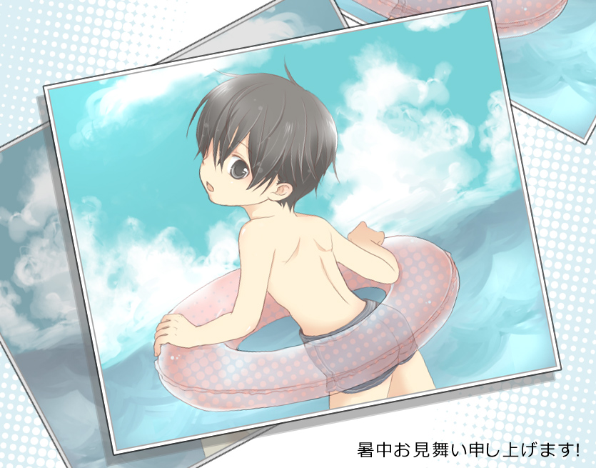 1boy a-1_pictures adorable ascii_media_works black_hair innertube kirigaya_kazuto kirito nyame photo_(object) short_hair shorts swim_trunks sword_art_online young younger