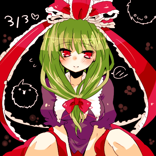 1girl blush bow front_ponytail green_hair hair_bow hair_ribbon kagiyama_hina long_hair looking_at_viewer lowres ribbon smile takamura touhou